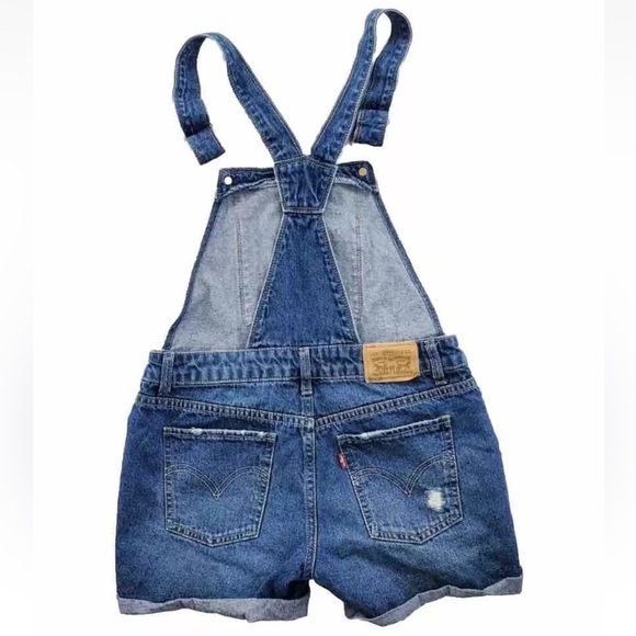 Levis Shortalls Blue Bib Shorts Girls 12R 29x4 Distressed Med Wash Cotton Denim - Picture 2 of 12